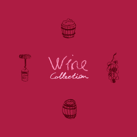 Vector hand drawn wine icons set. Winemaking symbols collection. Winery symbol, wine shop, alcohol store, biodynamic wines, wine bar sign. Bottle screw, octave, grape, stopper.のイラスト素材