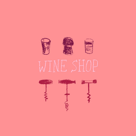 Wine shop logo template. Hand drawn corkscrew, wine glass, corkscrew, wine corkscrew. Vector hand drawn wine icons set. Winemaking symbols collection. Winery symbol, wine shop.のイラスト素材