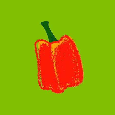 Red bell pepper on green background. Vector illustration of paprika. red bell pepper. Whole pod Bulgarian pepper drawing. Organic vegetable sign. Vegetarian doodle for eco market.のイラスト素材