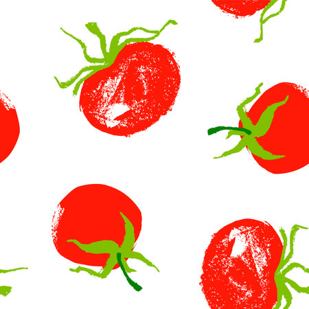 Vector Tomatoes pattern seamless for label tomato paste or Tomato juice packaging. Hand-drawn vegetarian background. organic vegetables. Vegan ornament for eco market banner.のイラスト素材
