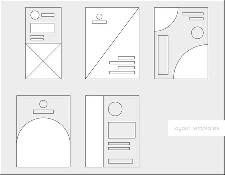 Grid layout templates for banner design, flyers, poster, label designs. Outline template of samples. Vector mockup compositions. Line frame examples for UX, UI.のイラスト素材