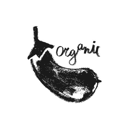 Vector hand drawn illustration of egg plant. Vegetarian food poster. Hand drawn eggplant drawing for label design. Aubergine illustration. Violet aubergine icon. Vegan logo.のイラスト素材