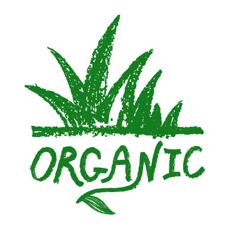 Hand drawn lettering. Vector healthy food icon with hand-drawn coal texture. Organic products emblem. farm sign. Bio and eco insignia. Healthy eating icon.のイラスト素材