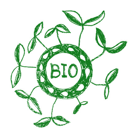 Bio icon with leaves and circles. Hand drawn doodle vector illustration. Vector healthy food icon with hand-drawn coal texture. Organic products emblem. farm sign. Bio insignia.のイラスト素材