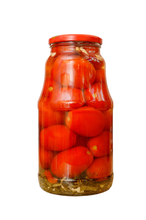 A beautiful and large jar with canned tomatoes, isolatedの写真素材