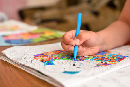 The child draws a felt-tip pen in his album.の写真素材