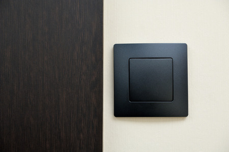 A modern light switch made of black plastic next to the entrance door.の写真素材