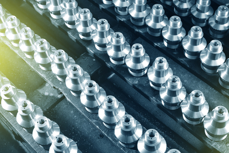 Components for the production of valves in the factory. Internal movable part of the valves. Object groupの写真素材