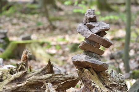 A small cairn made by tourists in the forest against a background of trees
