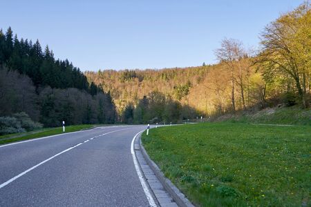 Spring landscape with a road between trees, sunny day and blue sky in the German forest Schwarzwaldの写真素材