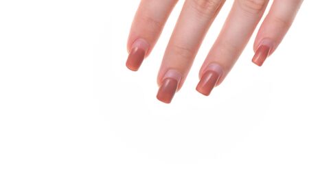 Female fingers and overgrown manicure nails on a white background.の写真素材