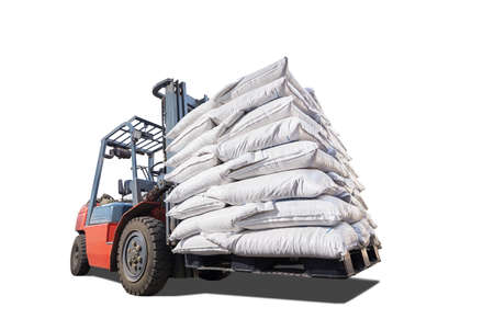 Forklift lifted white bags on white isolated backgroundの写真素材