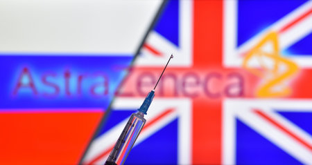 STARIY OSKOL, RUSSIA - DECEMBER 21, 2020: Russia and England and Astrazeneca company announced cooperation and production of vaccine against coronavirusのeditorial素材