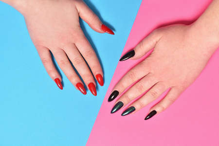 Female hands with of manicure result before and after