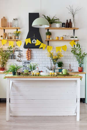 Easter interior in white cute retro kitchen.