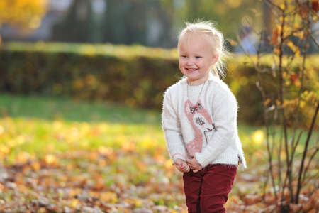 Little cute girl child on autumn Park background while walkingの写真素材