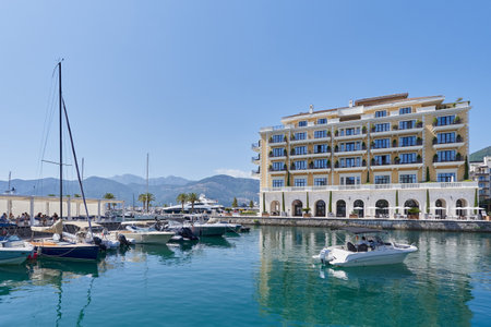 TIVAT, MONTENEGRO - JULY 15, 2021: View of luxury hotel of Regent in Porto Montenegroのeditorial素材