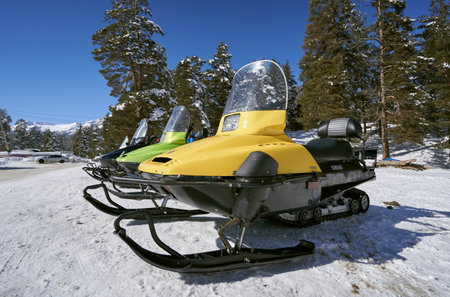 ARKHYZ, RUSSIA - FEBRUARY 11, 2022: Snowmobiles of Yamaha for rent in mountain for touristsのeditorial素材