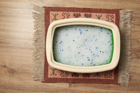 Top view of Cat toilet with litter on the floorの写真素材
