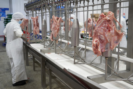 Turkey meat cutting line at a meat processing plant