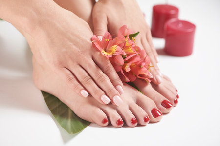 Manicure and pedicure on female hands and legsの写真素材