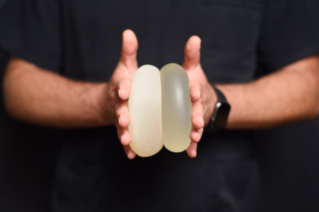 The doctor is clutching breast augmentation implants in his handsの写真素材