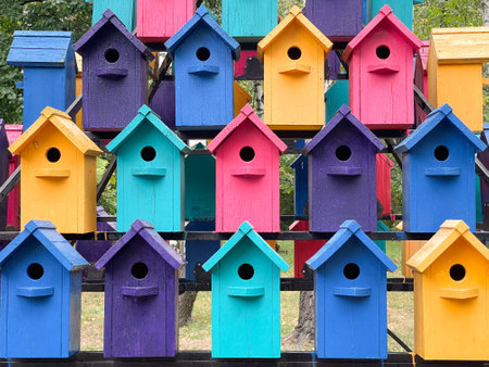 Lots of colorful birdhouse in the woods for the birdsの写真素材