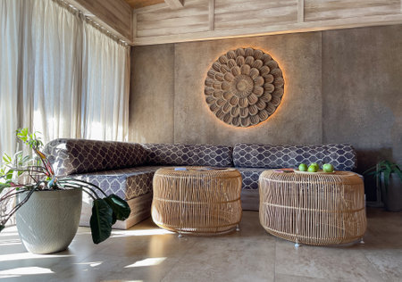 Living room with rattan tables in bali style