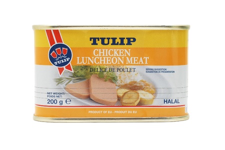 Caransebes, Romania, January, 3rd, 2012 - Tulip can of chicken meat isolated on whiteのeditorial素材