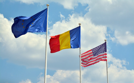 european union, romanian and american flagsの写真素材