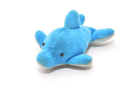 blue plush dolphin toy isolated on whiteの写真素材