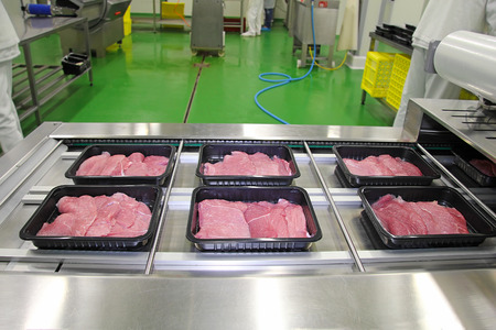 Packing of meat slices in boxes on a conveyor belt Packing of meat slices in boxes on a conveyor belt
