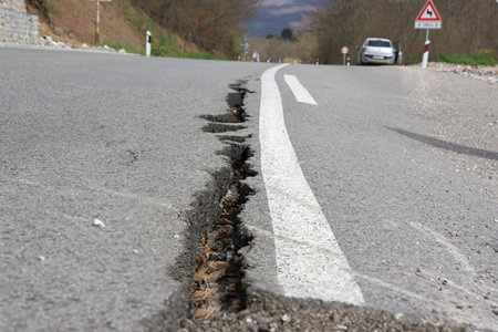 Asphalt road with long cracks caused by erosion or earthquake. Damaged paved road, restricted movement to one lane on the mountainの写真素材