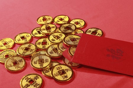 Red packet and antique chinese coinsの写真素材