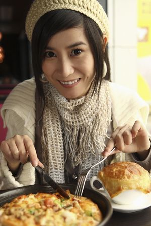 Woman having lunchの写真素材