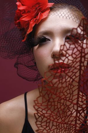 Woman with net and flower decorating her hair holding red leaf over faceの写真素材