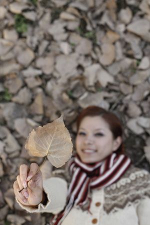 Woman lying on ground covered with dried leaves, holding leafの写真素材