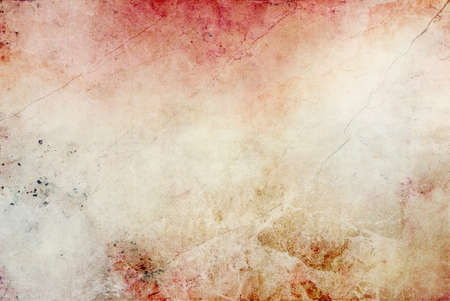 Crumpled linen fabric background colored with many colors in abstract style. Dirty canvas in  white, grey, red, orange, brown colors and blue watercolor stainsの写真素材