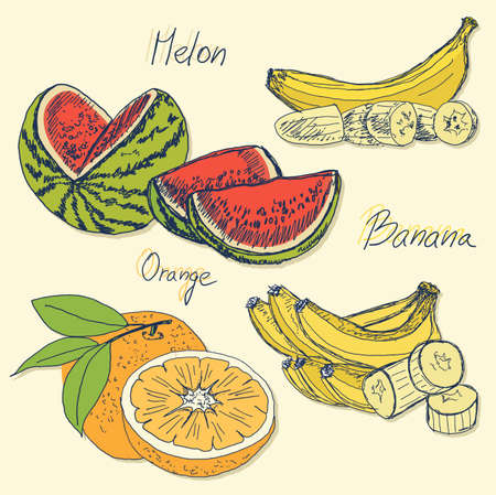 Vintage sketch fruit vector illustration banana, melon, orange isolated on backgroundのイラスト素材