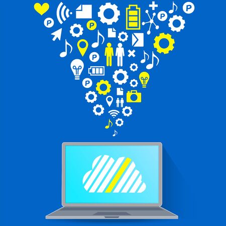 Cloud surrounded by abstract computer network with integrated circles and icons for digital, network, Internet, connect, S Ocial Media, communicate Infographic design backgroundのイラスト素材