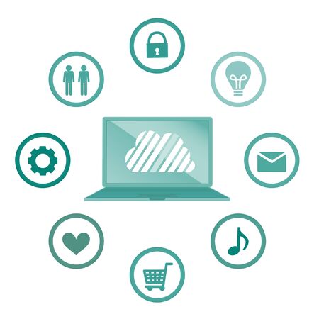 Cloud surrounded by abstract computer network with integrated circles and icons for digital, network, Internet, connect, S Ocial Media, communicate Infographic design backgroundのイラスト素材