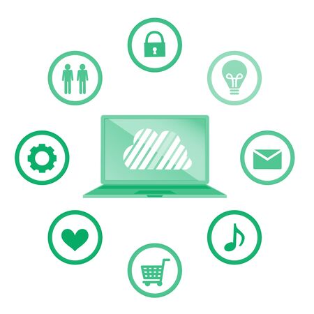 Cloud surrounded by abstract computer network with integrated circles and icons for digital, network, Internet, connect, S Ocial Media, communicate Infographic design backgroundのイラスト素材