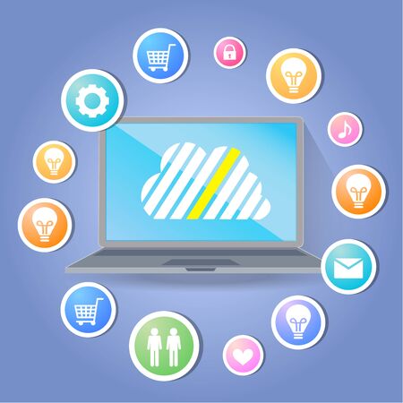 Cloud surrounded by abstract computer network with integrated circles and icons for digital, network, Internet, connect, S Ocial Media, communicate Infographic design backgroundのイラスト素材