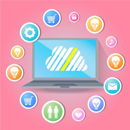 Cloud surrounded by abstract computer network with integrated circles and icons for digital, network, Internet, connect, S Ocial Media, communicate Infographic design backgroundのイラスト素材