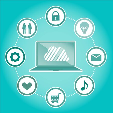 Cloud surrounded by abstract computer network with integrated circles and icons for digital, network, Internet, connect, S Ocial Media, communicate Infographic design backgroundのイラスト素材