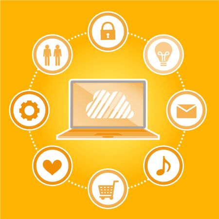 Cloud surrounded by abstract computer network with integrated circles and icons for digital, network, Internet, connect, S Ocial Media, communicate Infographic design backgroundのイラスト素材