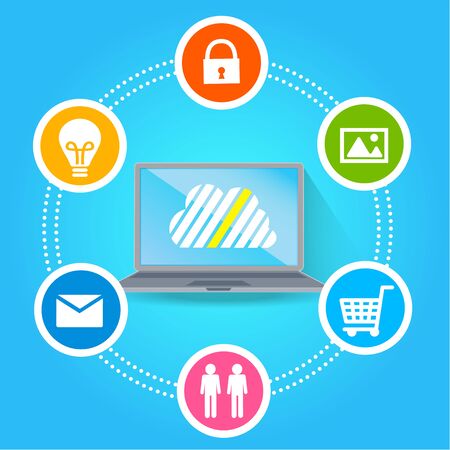 Cloud surrounded by abstract computer network with integrated circles and icons for digital, network, Internet, connect, S Ocial Media, communicate Infographic design backgroundのイラスト素材