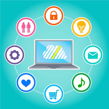 Cloud surrounded by abstract computer network with integrated circles and icons for digital, network, Internet, connect, S Ocial Media, communicate Infographic design backgroundのイラスト素材