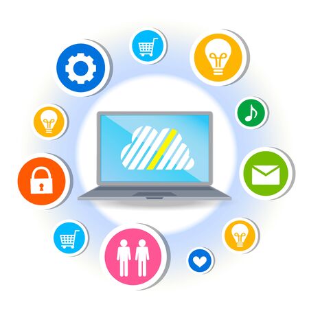 Cloud surrounded by abstract computer network with integrated circles and icons for digital, network, Internet, connect, S Ocial Media, communicate Infographic design backgroundのイラスト素材