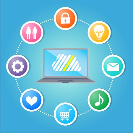 Cloud surrounded by abstract computer network with integrated circles and icons for digital, network, Internet, connect, S Ocial Media, communicate Infographic design backgroundのイラスト素材